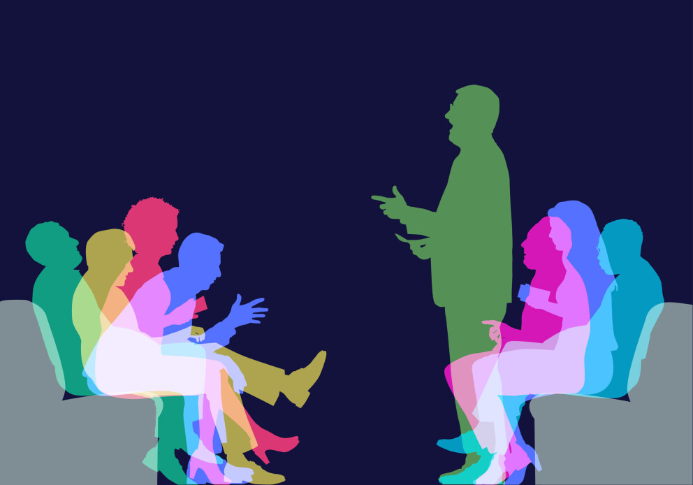 Colourful overlapping silhouettes of people sitting and talking