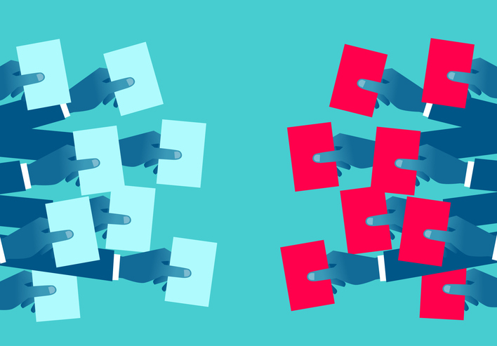Two groups of hands holding ballots of different colours stock illustration