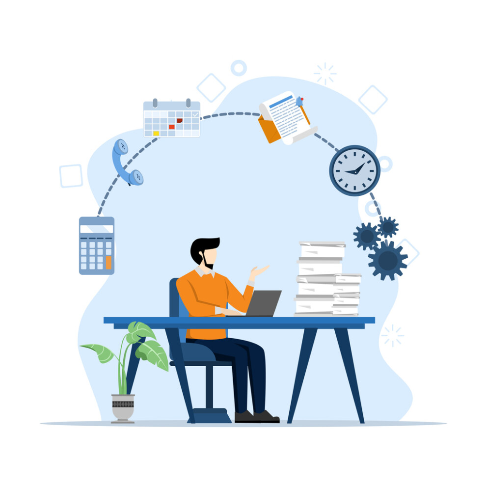 Concept of administrator or work assistant, professional secretary or accountant, receptionist working by answering phone, calendar scheduler or coordinator, businessman admin working at office desk. stock illustration