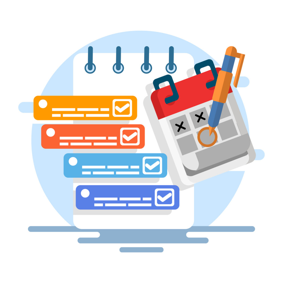 Time management concept with productivity schedule, Calendar, agenda, schedule planning. create a schedule using a calendar. Business and organisation concept. background flat vector illustration