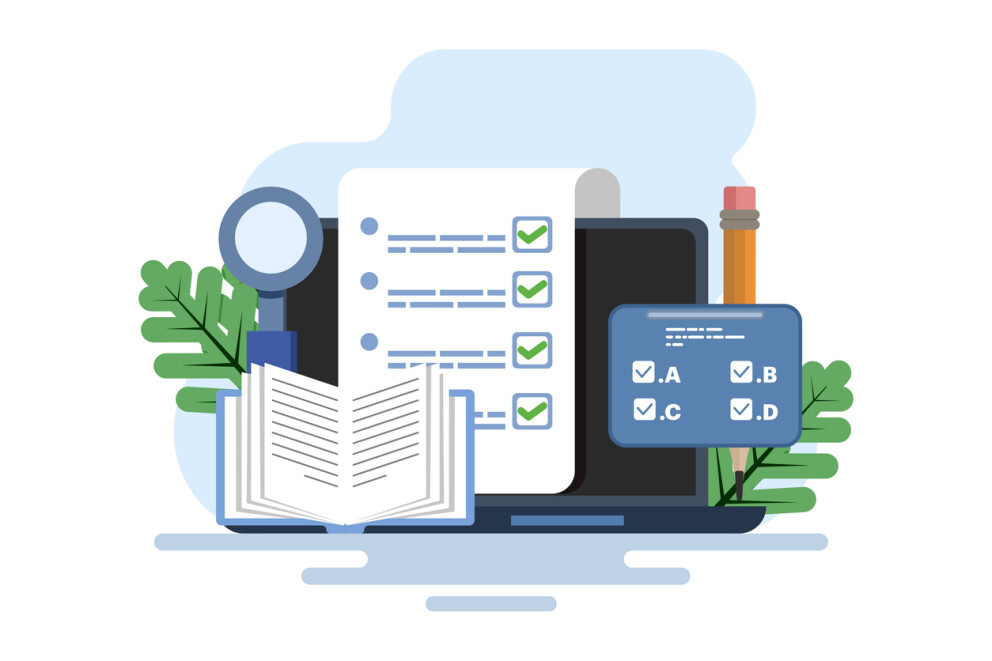 Cartoon book, computer monitor, and checklist
