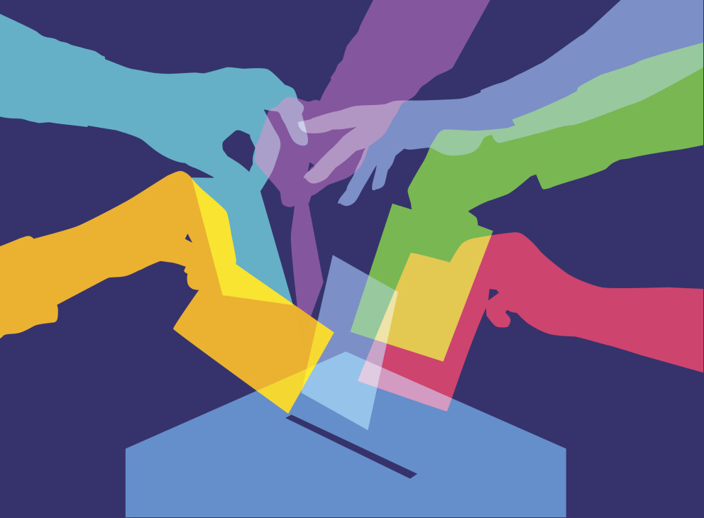 Colourful overlapping silhouettes of hands placing voting papers into a ballot box